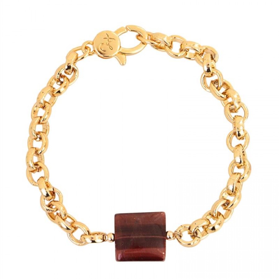 Pulseira Elos Com Olho De Tigre Vermelho Central Banhado Em Ouro 18k