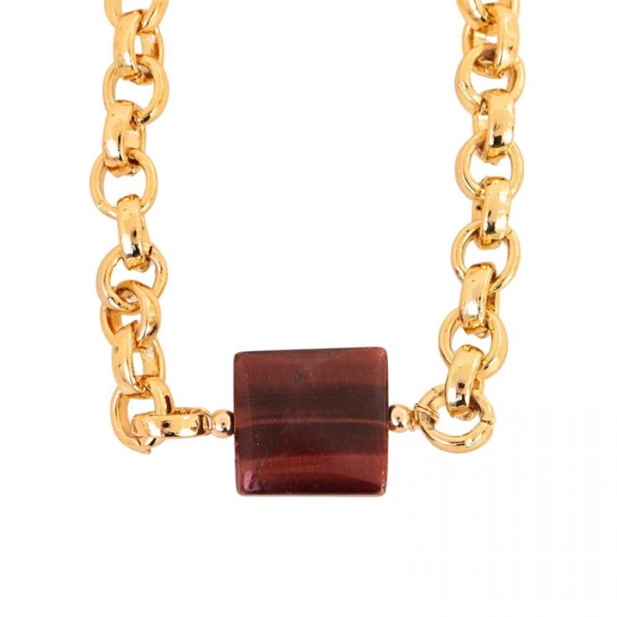Pulseira Elos Com Olho De Tigre Vermelho Central Banhado Em Ouro 18k