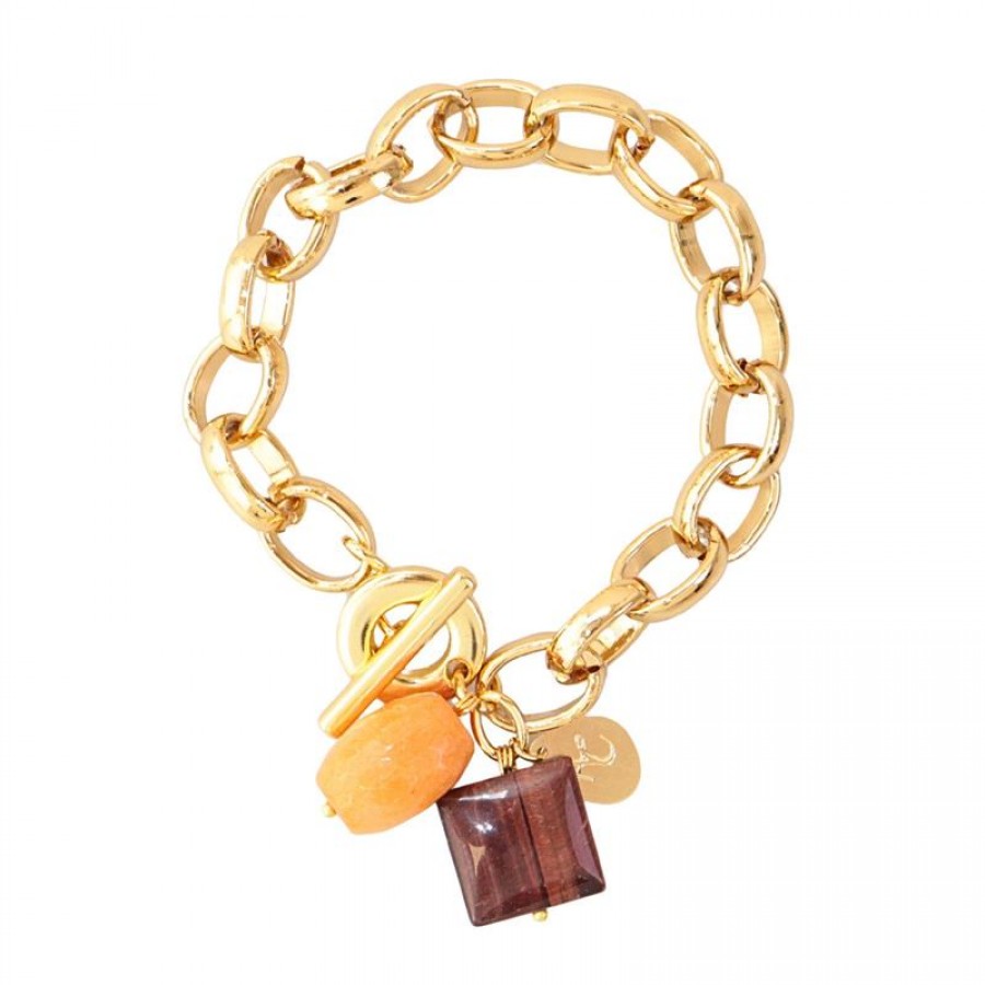 Pulseira Elos Com Olho De Tigre Vermelho Com Jade Laranja Banhado Em Ouro 18k
