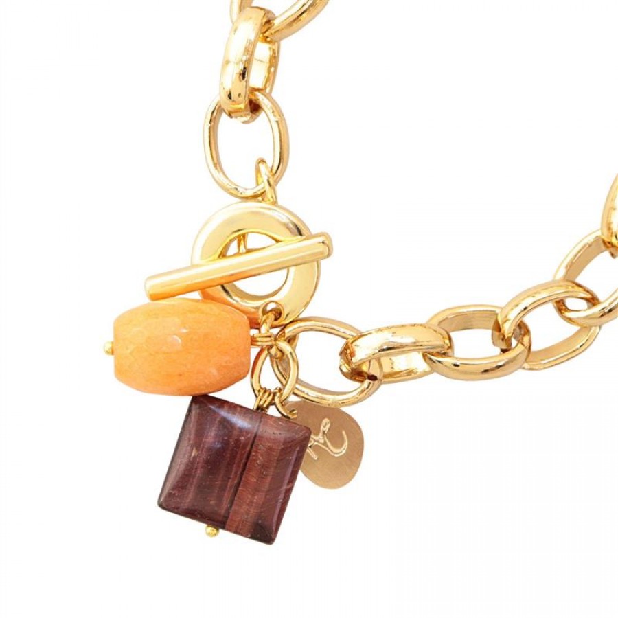 Pulseira Elos Com Olho De Tigre Vermelho Com Jade Laranja Banhado Em Ouro 18k
