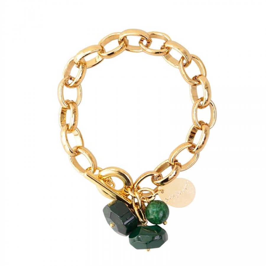 Pulseira Elos Ágata Verde Banhado Em Ouro 18k