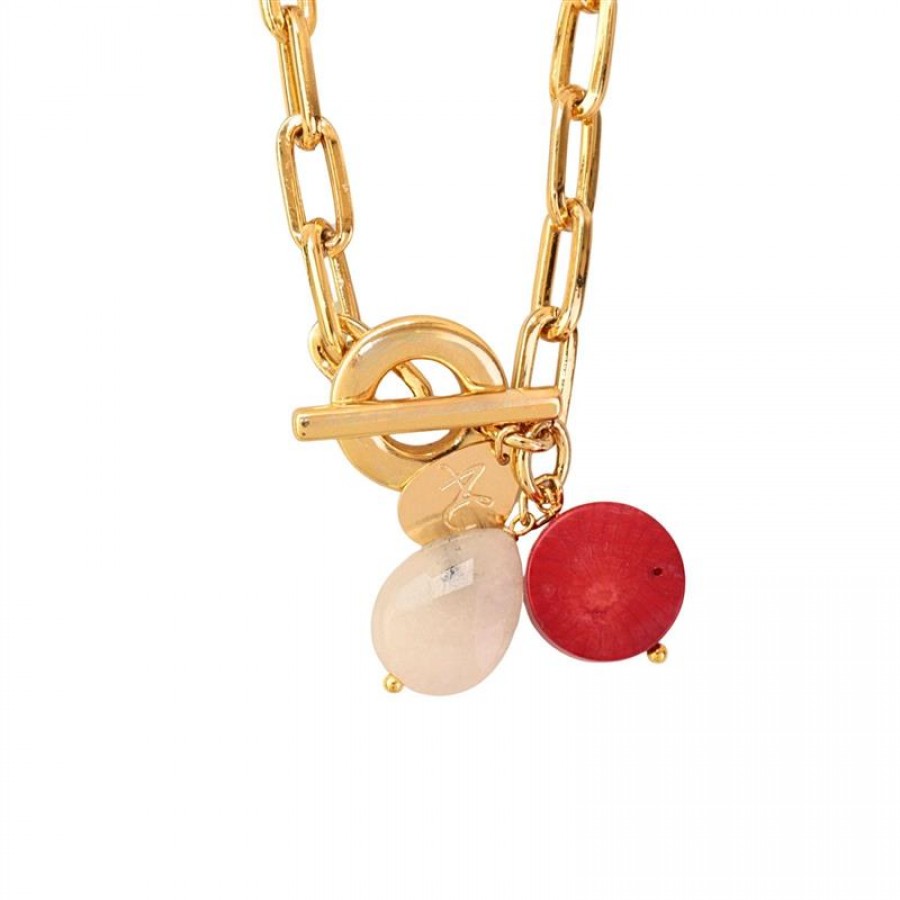Pulseira De Elos Com  Pingente  Rutilo Grafitado E Jade Coral Fecho T 