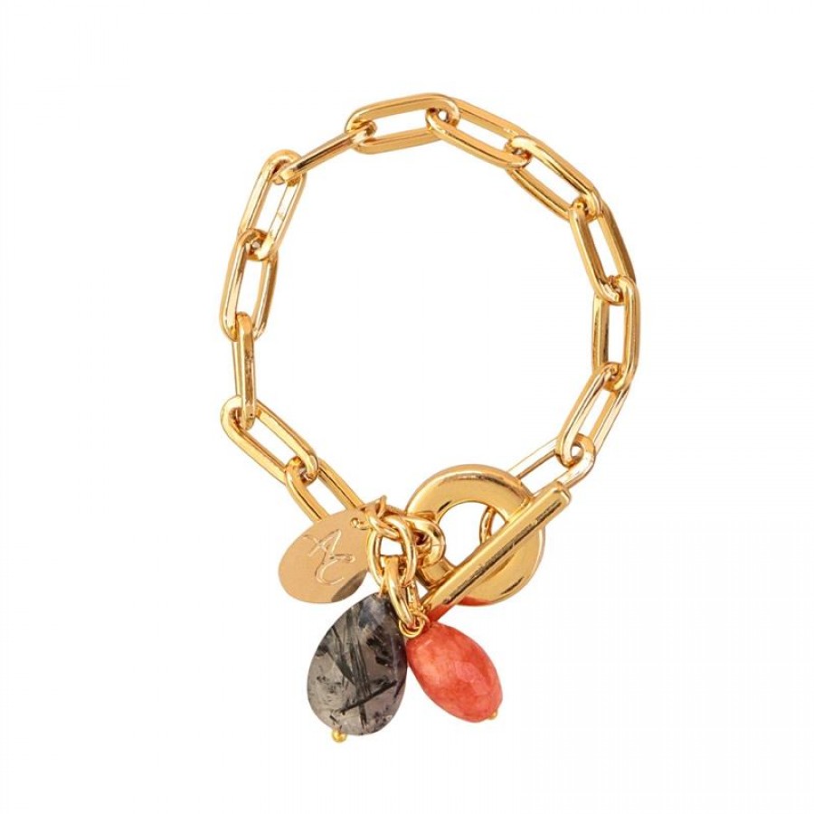 Pulseira De Elos Com  Pingente  Rutilo Grafitado E Jade Laranja Fecho T Banhado Em Ouro 18k