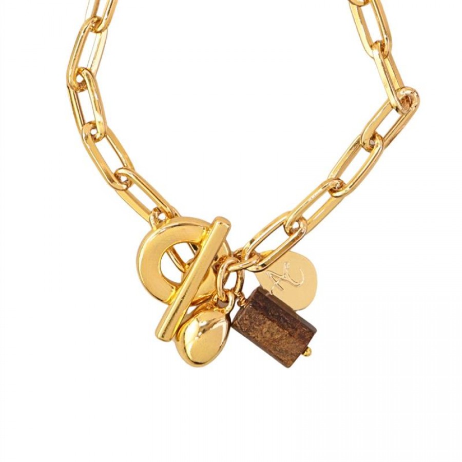 Pulseira Elos Com Bronzita E Fecho T Banhado Em Ouro 18k
