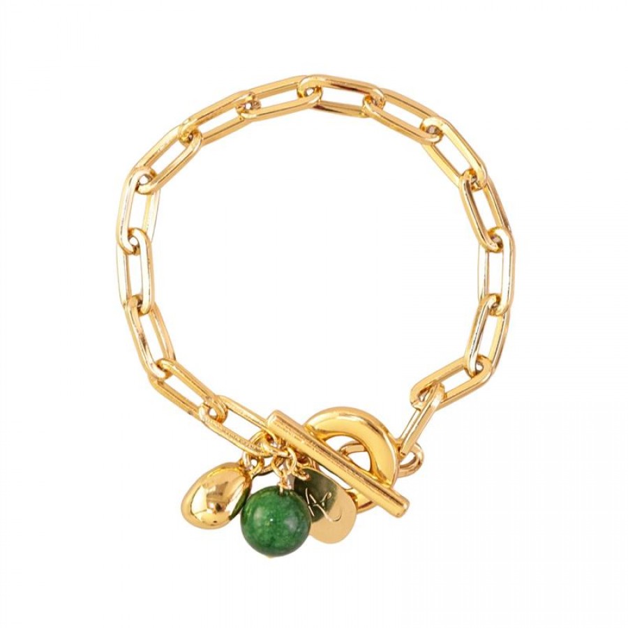 Pulseira De Elos Com  Pingente  Esmeralda  Fecho T Banhado Em Ouro 18k