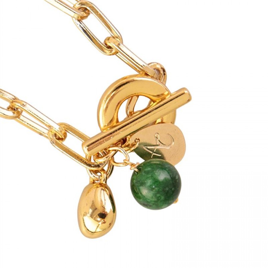 Pulseira De Elos Com  Pingente  Esmeralda  Fecho T Banhado Em Ouro 18k