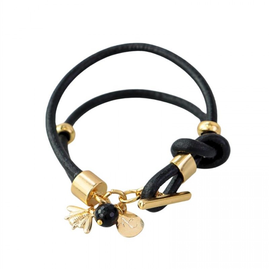 Pulseira De Couro Preta Com Nó E Pingente De Ônix Com Abelha