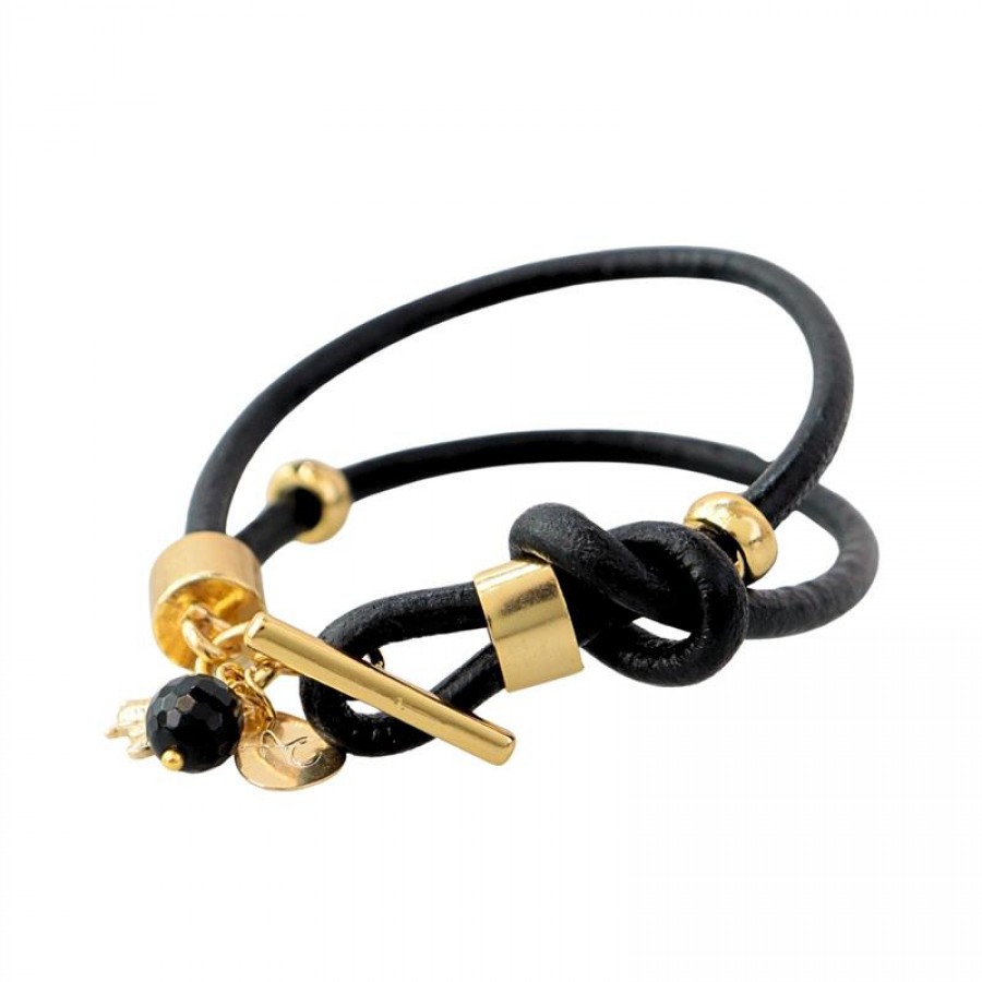 Pulseira De Couro Preta Com Nó E Pingente De Ônix Com Abelha