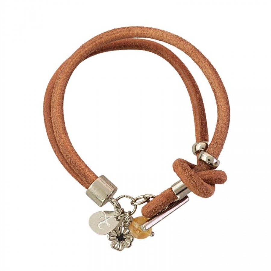 Pulseira De Couro Caramelo Com Nó E Pingente De Citrino Banhado Em Ródio