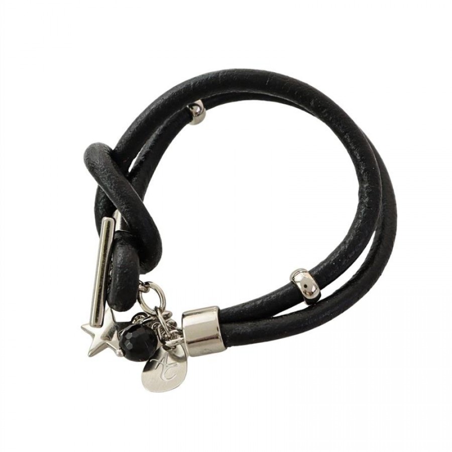 Pulseira De Couro Preta Com Nó E Pingente De Ônix Banhado Em Ródio