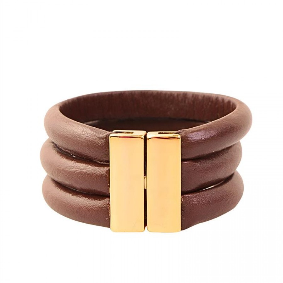 Pulseira De Couro 3 Tiras Marrom Banhado Em Ouro 18k 