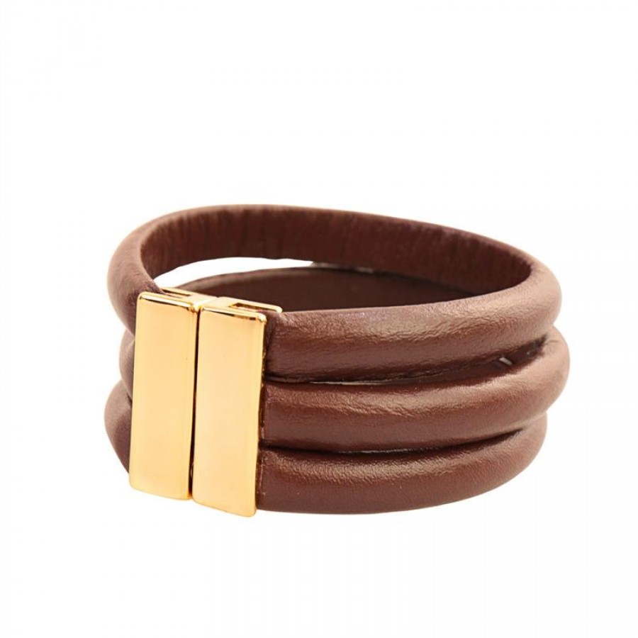 Pulseira De Couro 3 Tiras Marrom Banhado Em Ouro 18k 