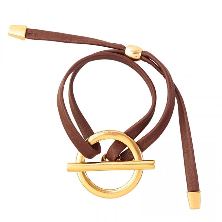Pulseira De Couro Marrom Fecho T Banhado Em Ouro 18k 