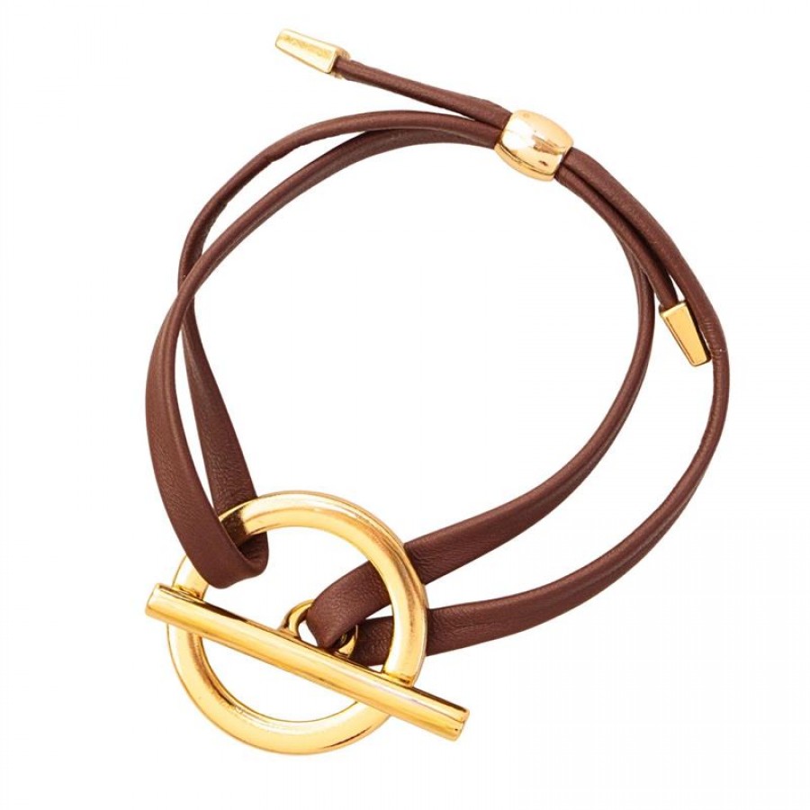 Pulseira De Couro Marrom Fecho T Banhado Em Ouro 18k 