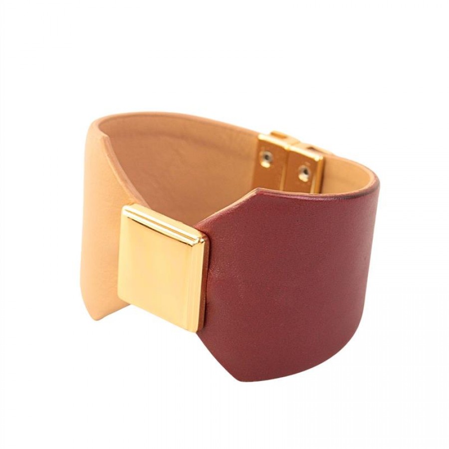 Pulseira De Couro Bicolor Bege Com Vinho 