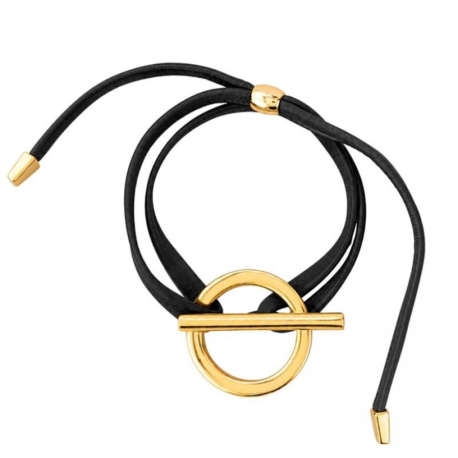 Pulseira De Couro Preto Fecho T Banhado Em Ouro 18k 