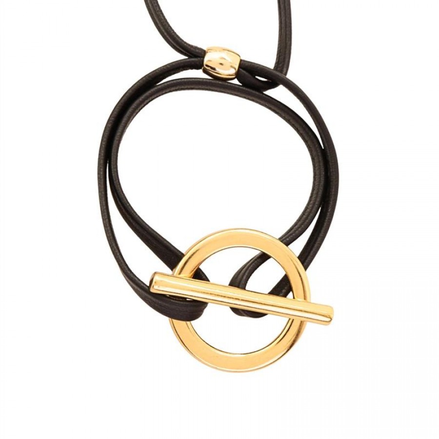 Pulseira De Couro Preto Fecho T Banhado Em Ouro 18k 