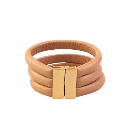 Pulseira De Couro 3 Tiras Bege Banhado Em Ouro 18k 