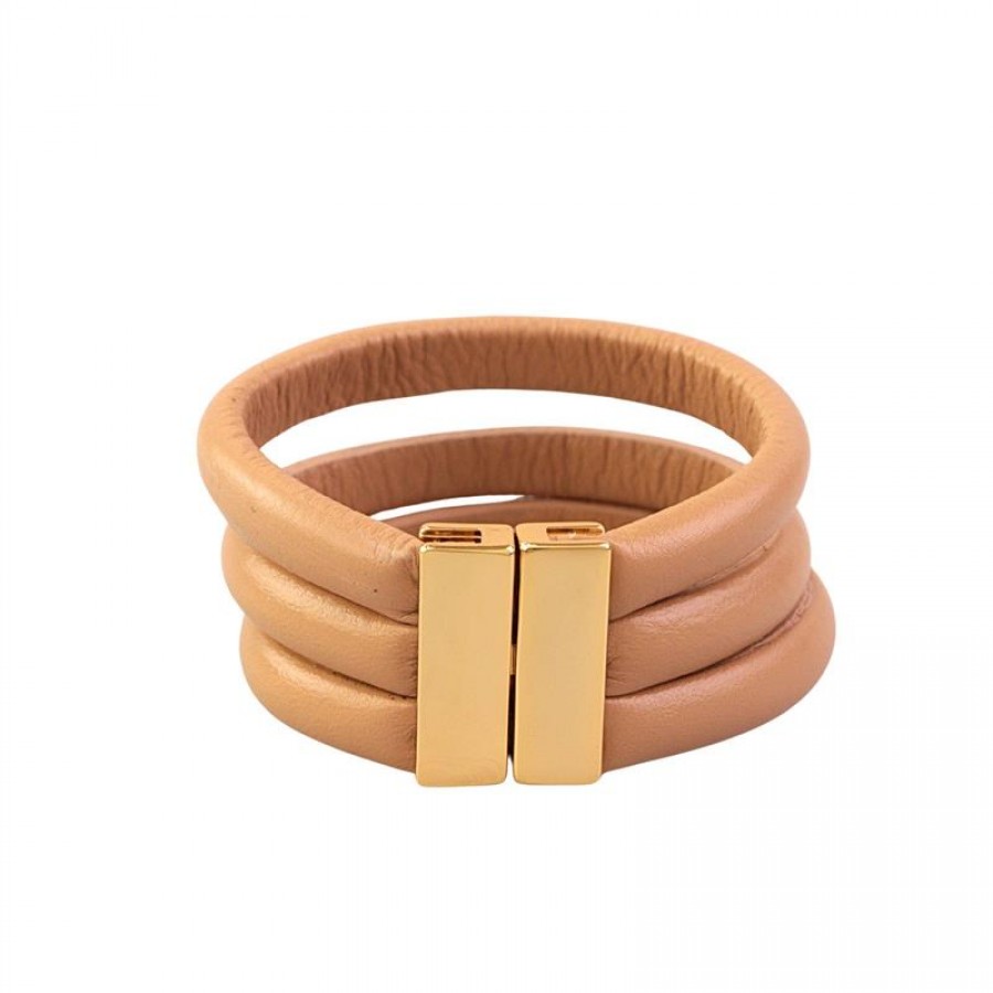 Pulseira De Couro 3 Tiras Bege Banhado Em Ouro 18k 