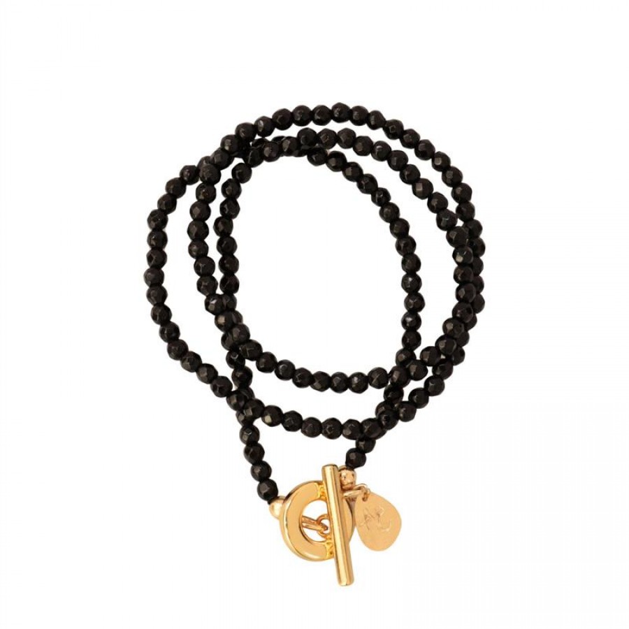 Pulseira 3 Voltas Ônix Com Fecho T Banhado Em Ouro 18k