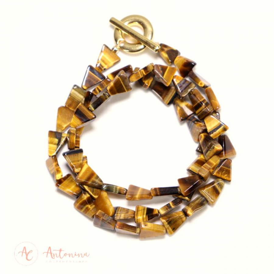Pulseira 3 Voltas Olho De Tigre Com Fecho T Banhado Em Ouro 18k