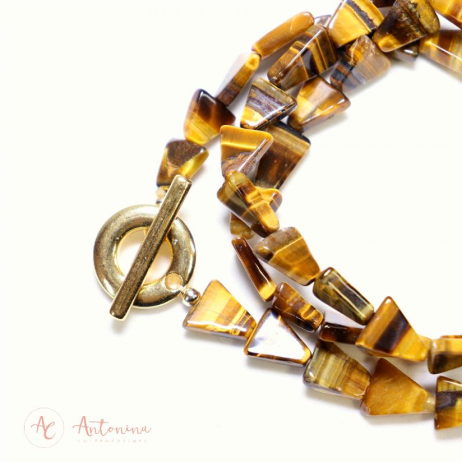 Pulseira 3 Voltas Olho De Tigre Com Fecho T Banhado Em Ouro 18k