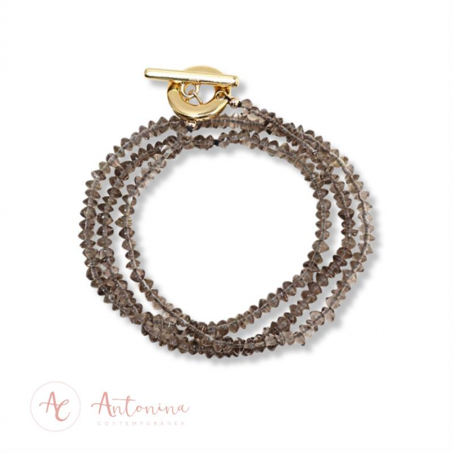 Pulseira 3 Voltas Quartzo Fumê Com Fecho T Banhado Em Ouro 18k