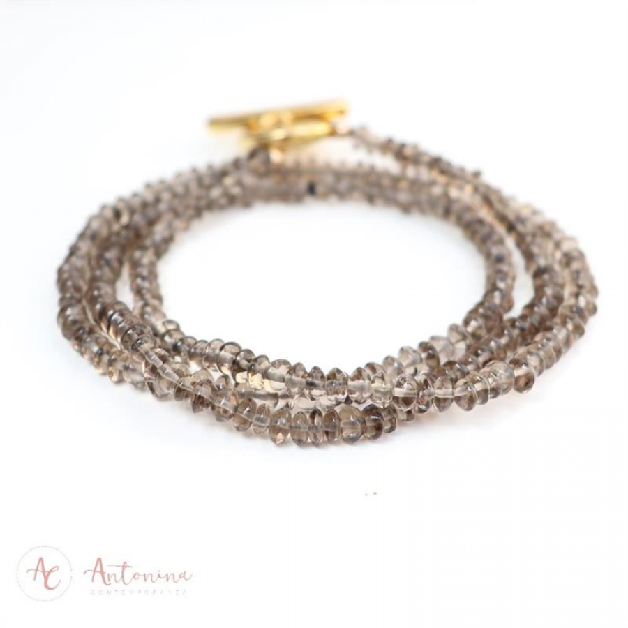 Pulseira 3 Voltas Quartzo Fumê Com Fecho T Banhado Em Ouro 18k
