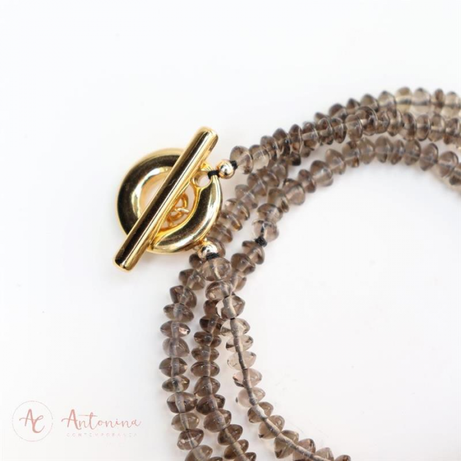 Pulseira 3 Voltas Quartzo Fumê Com Fecho T Banhado Em Ouro 18k