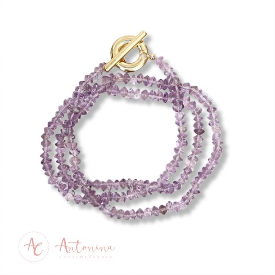 Pulseira 3 Voltas Ametista Com Fecho T Banhado Em Ouro 18k