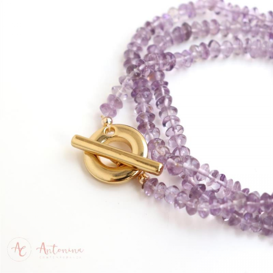 Pulseira 3 Voltas Ametista Com Fecho T Banhado Em Ouro 18k