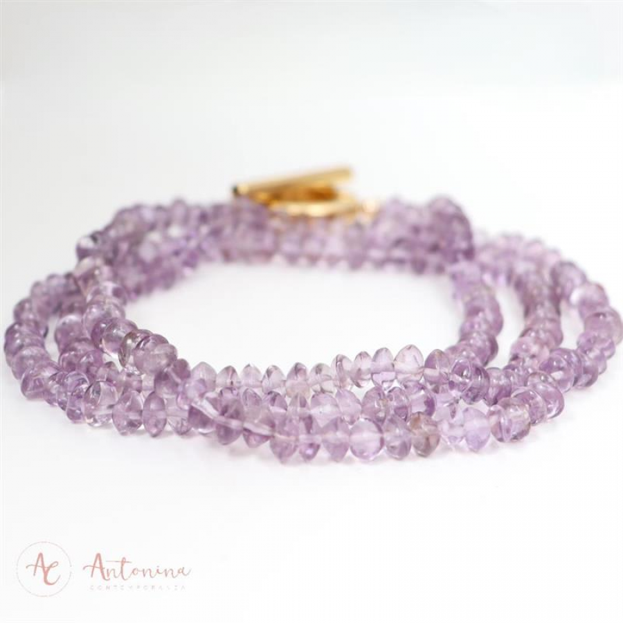 Pulseira 3 Voltas Ametista Com Fecho T Banhado Em Ouro 18k