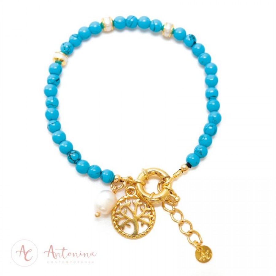 Pulseira Turquesa Com Pingente Árvore Da Vida Banhado Em Ouro 18k