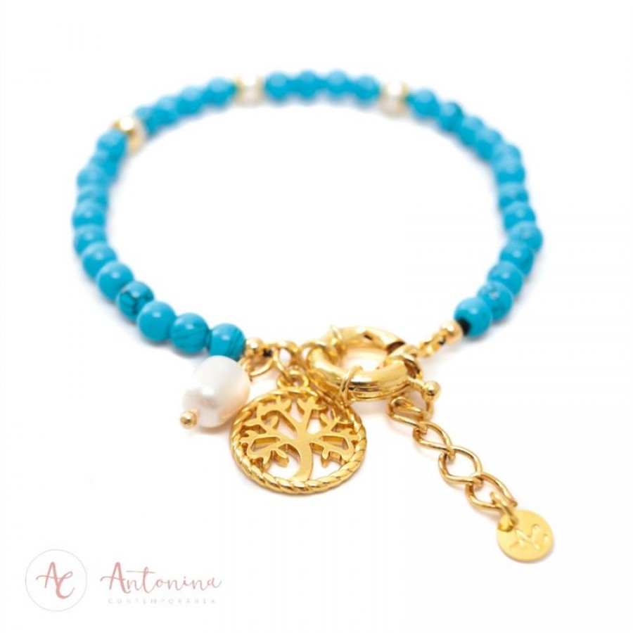 Pulseira Turquesa Com Pingente Árvore Da Vida Banhado Em Ouro 18k