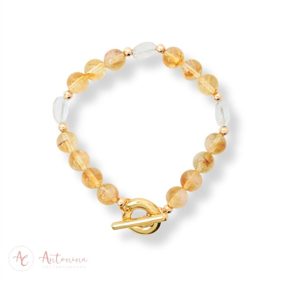 Pulseira Citrino E Cristal De Quartzo Com Fecho T Banhado Em Ouro 18k