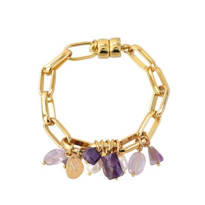 Pulseira Elos Ametista Com Pérola Banhado Em Ouro 18k