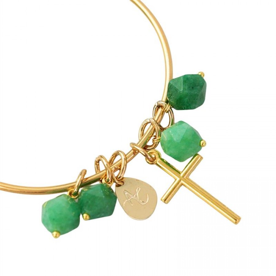 Pulseira Aro Jade Verde Com Pingente Cruz 