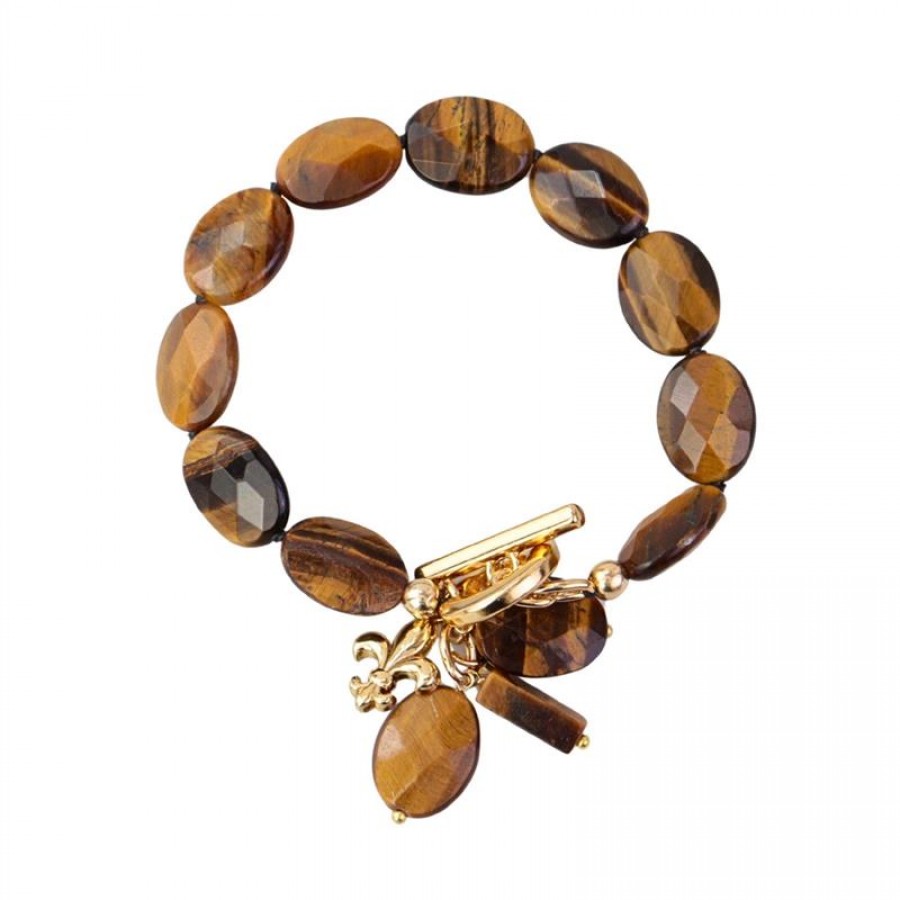 Pulseira Olho De Tigre Oval Com Flor De Liz E Fecho T