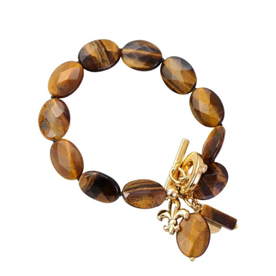 Pulseira Olho De Tigre Oval Com Flor De Liz E Fecho T