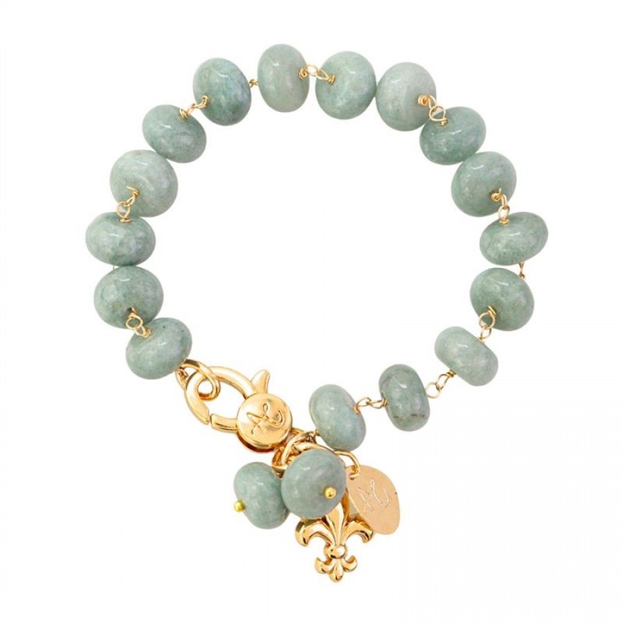 Pulseira Jade Cinza Com Pingente Flor De Liz