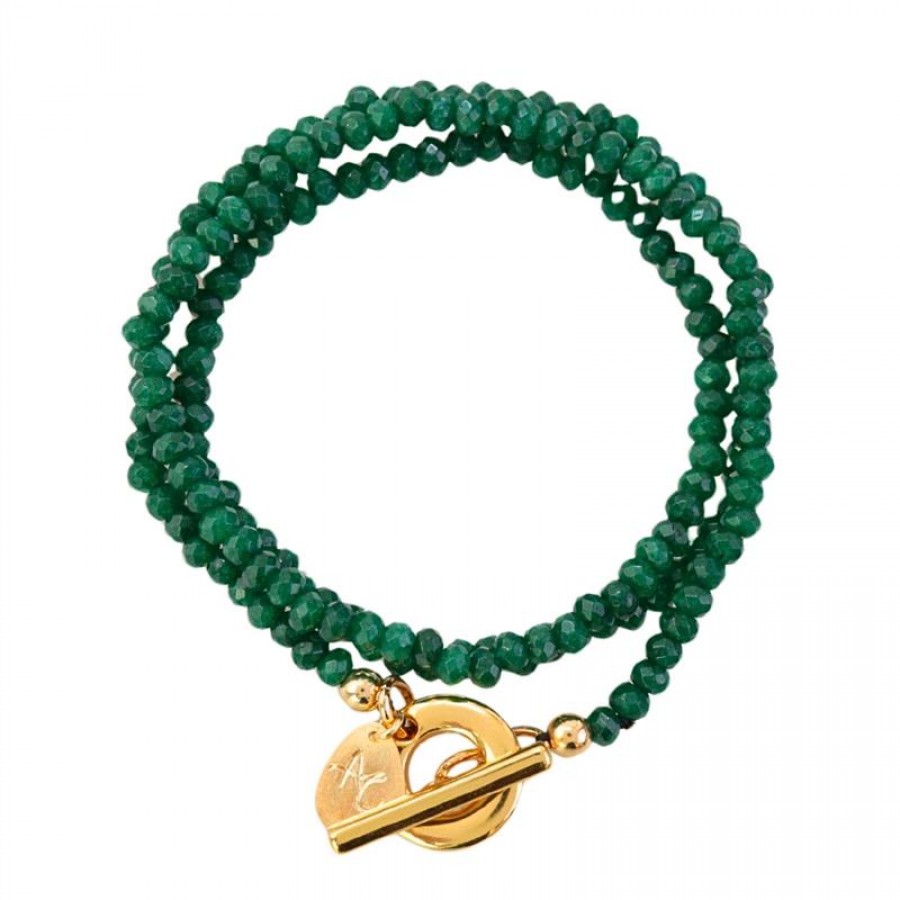 Pulseira 3 Voltas Jade Esmeralda Com Fecho T