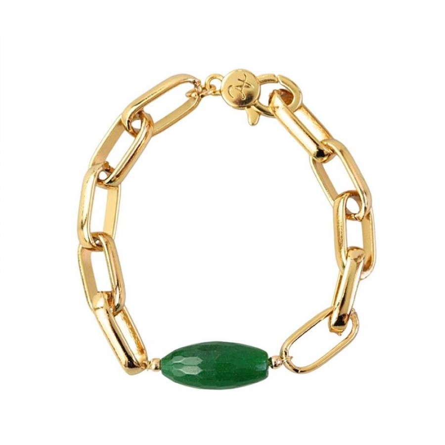 Pulseira Elos Com Tubo De Jade Verde Banhado Em Ouro 18k