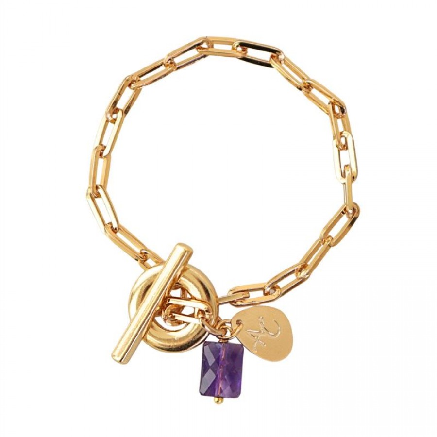 Pulseira Mini Elos Com Pingente De Ametista Banhado Em Ouro 18k