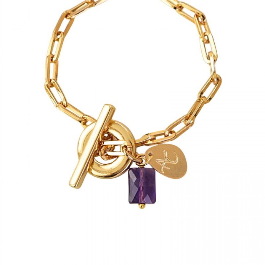 Pulseira Mini Elos Com Pingente De Ametista Banhado Em Ouro 18k