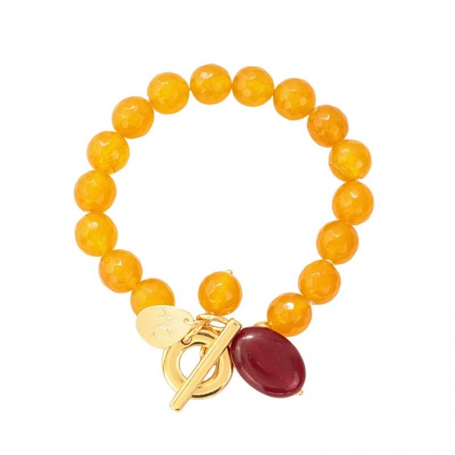 Pulseira Jade Mostarda Com Pingente Jade Rubi E Fecho T 