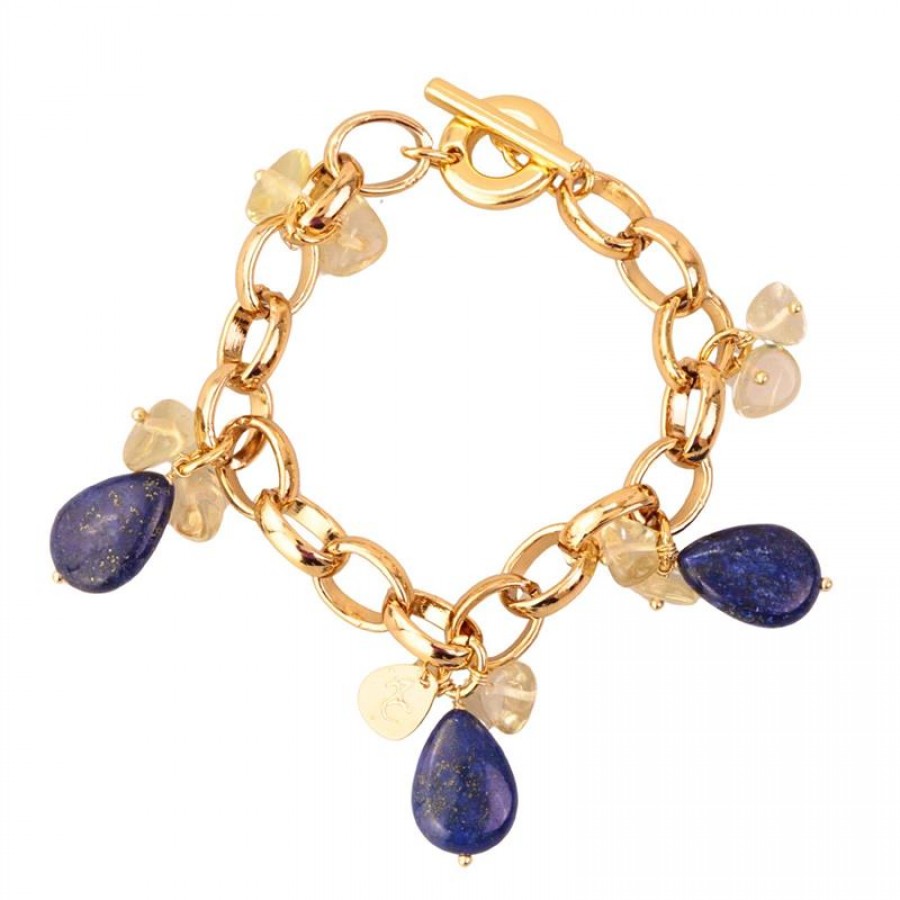 Pulseira De Elos Com Pingente Lápis Lazuli E Citrino