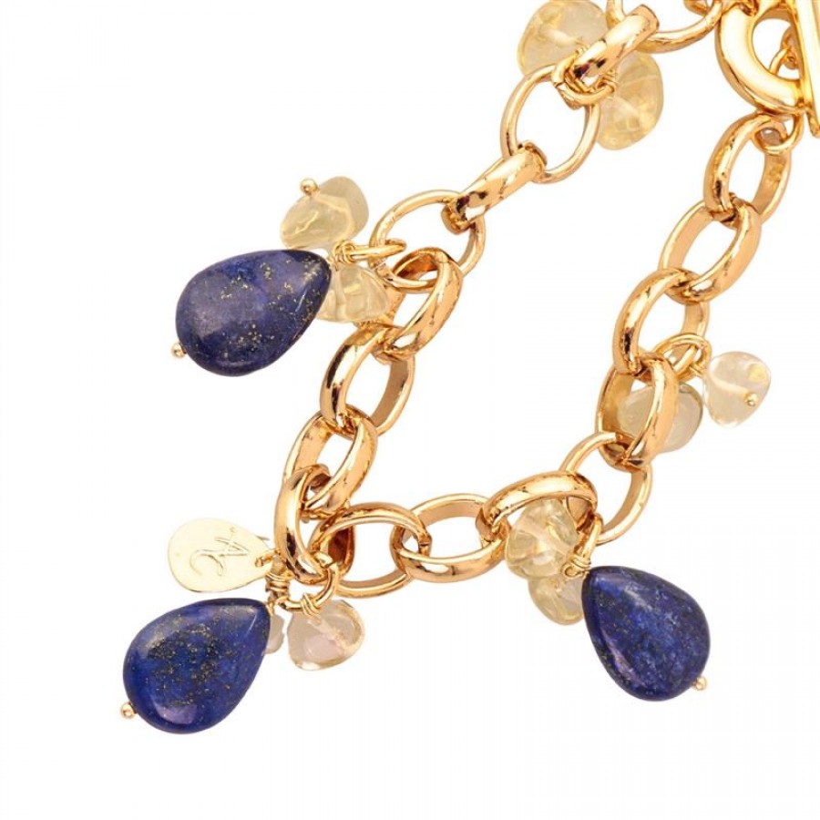 Pulseira De Elos Com Pingente Lápis Lazuli E Citrino