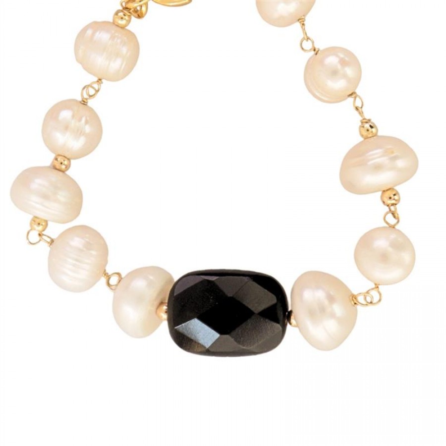 Pulseira Pérola Branca Com Ônix  