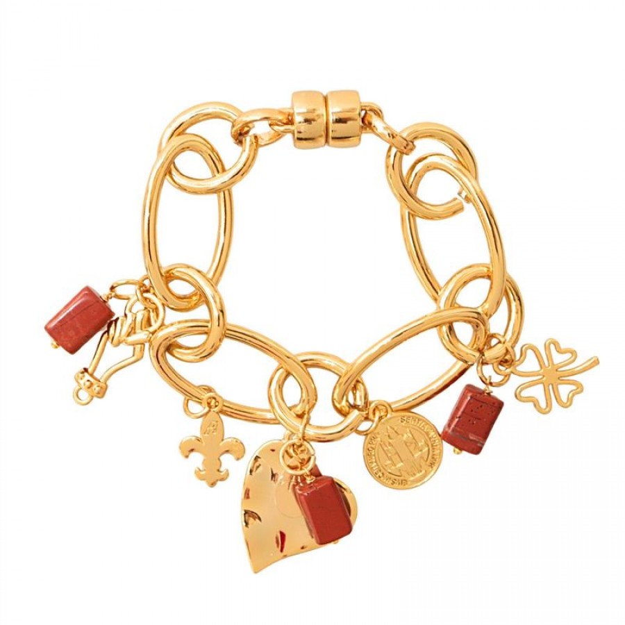 Pulseira Mística De Elos Com Jaspe Terracota Banhado Em Ouro 18k