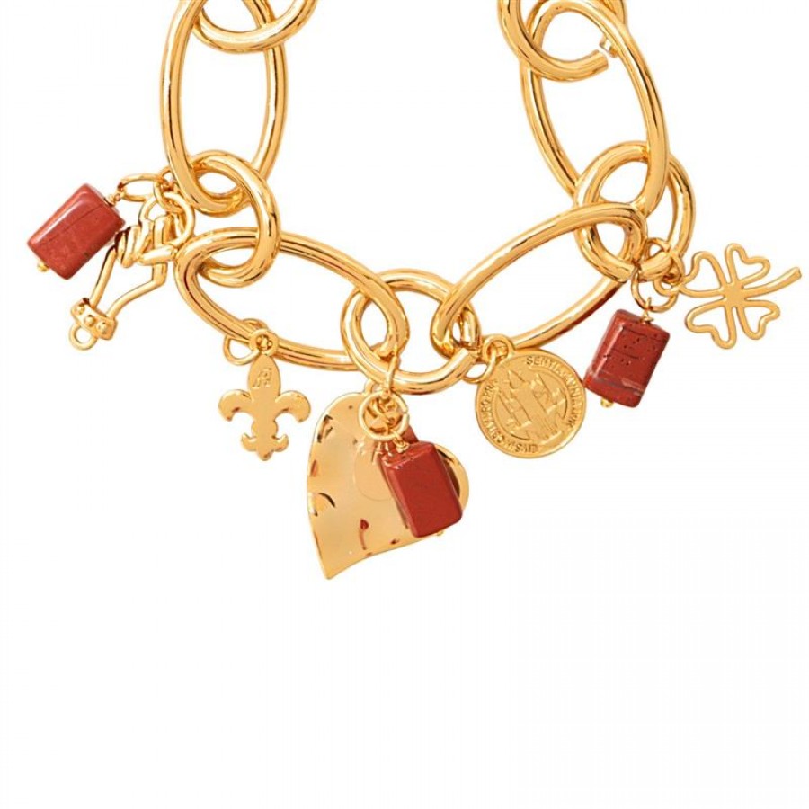 Pulseira Mística De Elos Com Jaspe Terracota Banhado Em Ouro 18k